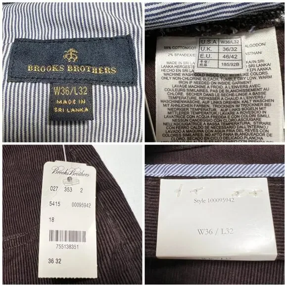 NWT Brooks Brothers Corduroy Pants SIZE 36 x 32 Brown Straight Leg NEW